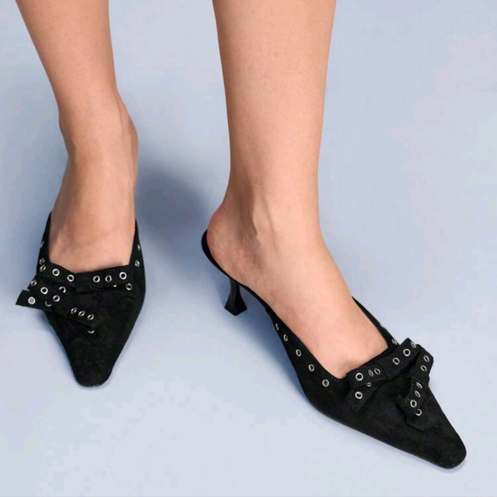 Women's Pointed Toe Low Vamp Sexy Bow Knot Metal Rivet Chunky Heel Sandals